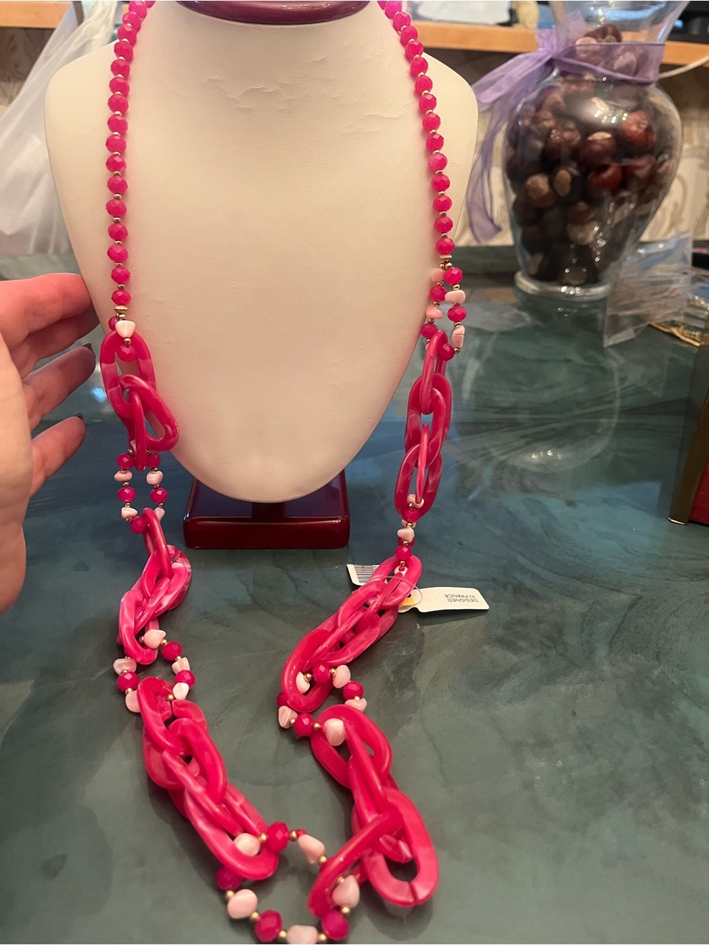 Hot Pink Beaded Statement Necklace - Women Jewelry new with tag design in France